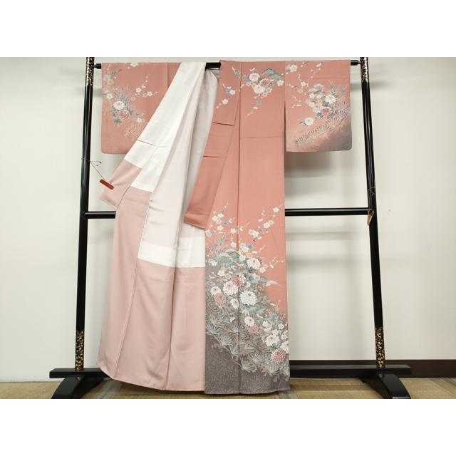 平和屋着物●訪問着　流水草花文　たたき染め　金銀彩　正絹　逸品　CABD7508ut