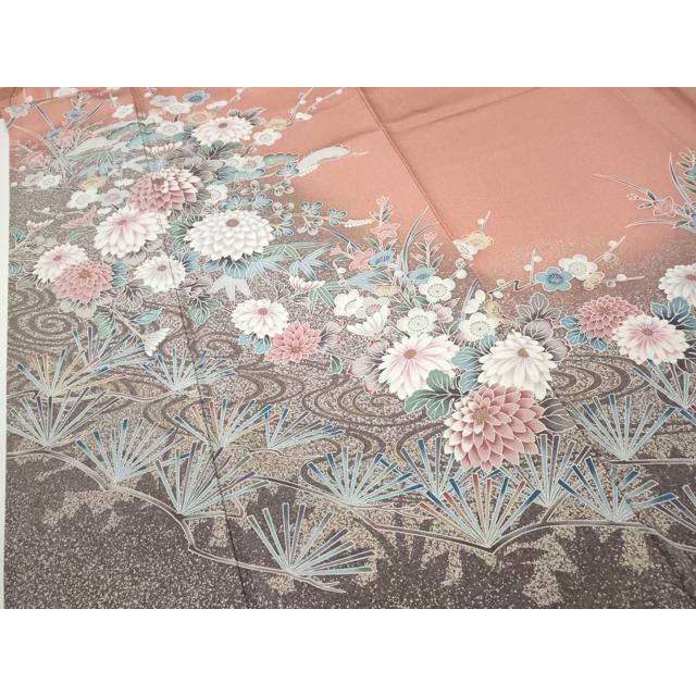 平和屋着物●訪問着　流水草花文　たたき染め　金銀彩　正絹　逸品　CABD7508ut