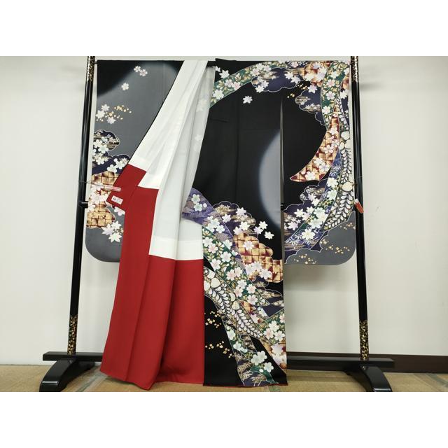 平和屋着物●豪華振袖　雲重ね熨斗舞花文　暈し染め　黒地　金彩　やまと誂製　正絹　逸品　CABD7554ut