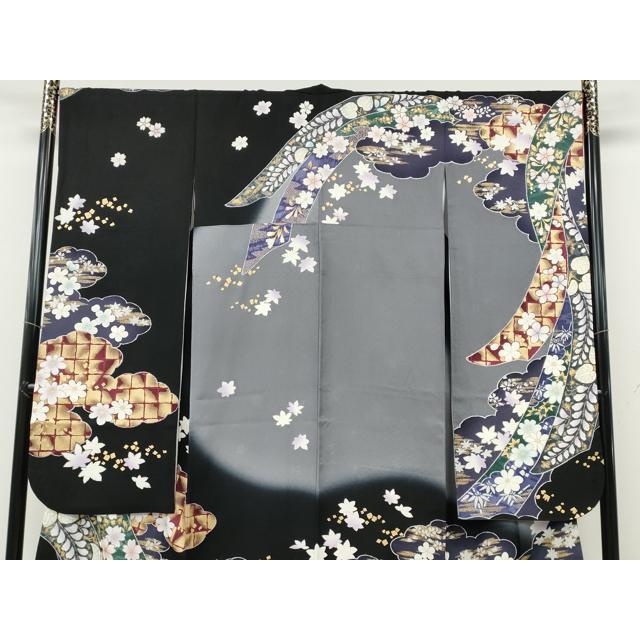 平和屋着物●豪華振袖　雲重ね熨斗舞花文　暈し染め　黒地　金彩　やまと誂製　正絹　逸品　CABD7554ut