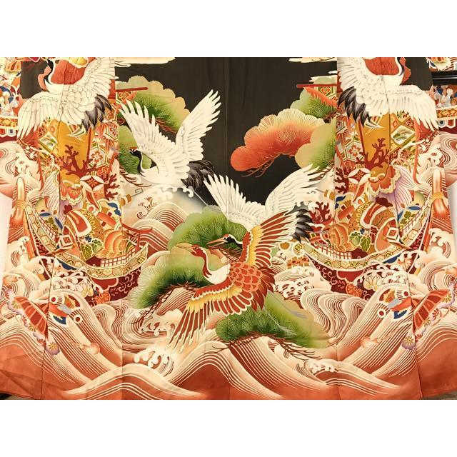平和屋本店●アンティーク　大正ロマン　振袖　駒刺繍　飛鶴宝船浜松文　暈し染め　黒地　金彩　正絹　逸品　CABD8175vp 平和屋本店○アンティーク 大正ロマン 振袖 駒刺繍 飛鶴宝船浜松文 暈
