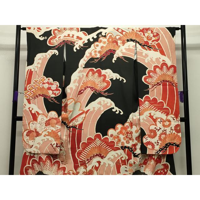 平和屋本店●アンティーク　大正ロマン　振袖　駒刺繍　立波松花文　黒地　金彩　正絹　逸品　CABD8924gh_1