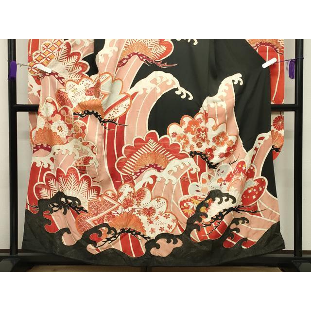 平和屋本店●アンティーク　大正ロマン　振袖　駒刺繍　立波松花文　黒地　金彩　正絹　逸品　CABD8924gh_2