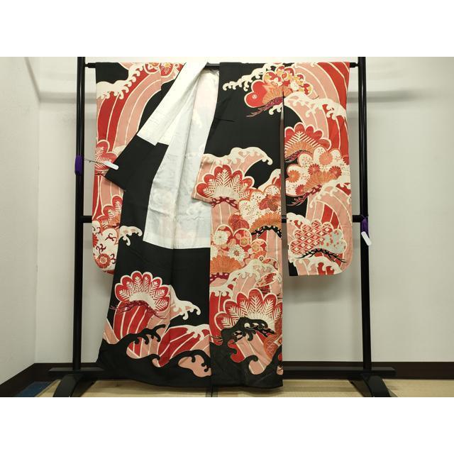 平和屋本店●アンティーク　大正ロマン　振袖　駒刺繍　立波松花文　黒地　金彩　正絹　逸品　CABD8924gh_3