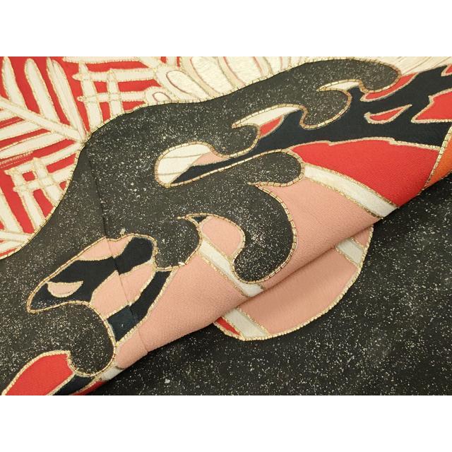 平和屋本店●アンティーク　大正ロマン　振袖　駒刺繍　立波松花文　黒地　金彩　正絹　逸品　CABD8924gh_6
