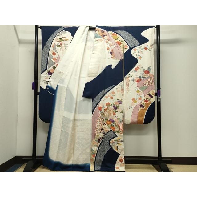 平和屋着物○創業460年・千總 振袖 駒刺繍 絞り 御所車花文