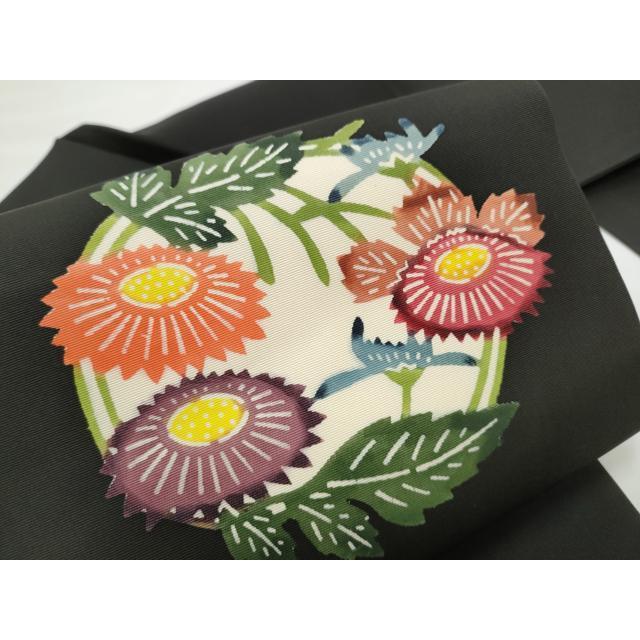 平和屋着物○塩瀬 九寸名古屋帯 型染め 雪輪草花文 黒地 正絹 逸品 