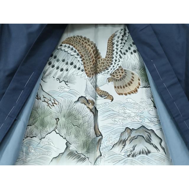 平和屋着物○男性 本場大島紬 アンサンブル 格子 羽裏：鷹 正絹 逸品
