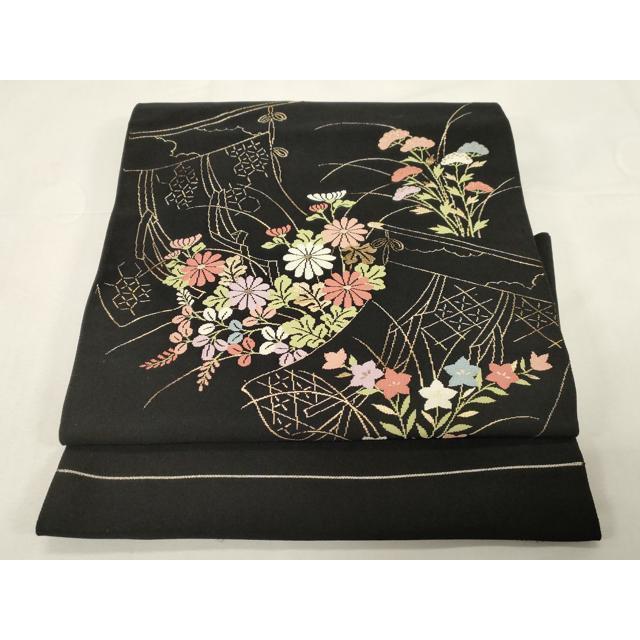 平和屋着物●爪掻き本綴れ　八寸名古屋帯　正倉院花文　黒地　金銀糸　正絹　逸品　DABB4800ps 平和屋着物○綴れ つけ帯 誰が袖花文 黒地 金糸 正絹 逸品 CABE3719dy