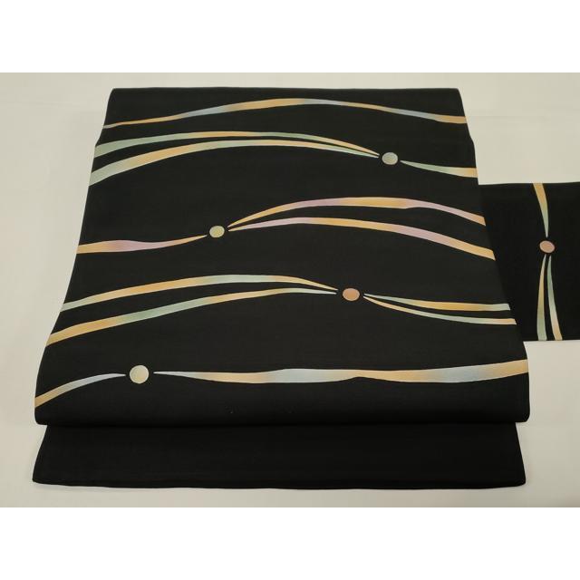 平和屋着物○塩瀬 九寸名古屋帯 幾何学文 黒地 正絹 逸品 CABE3742dy