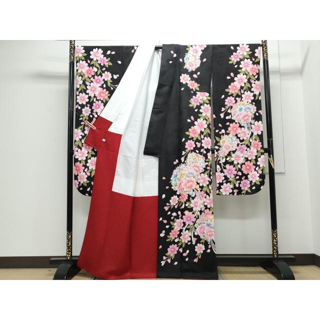 平和屋着物●豪華振袖　駒刺繍　花束文　黒地　銀通し地　正絹　逸品　CABE6621th_1