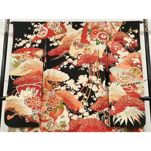 平和屋本店○アンティーク 大正ロマン 振袖 刺繍 檜扇鳳凰草花文 金彩