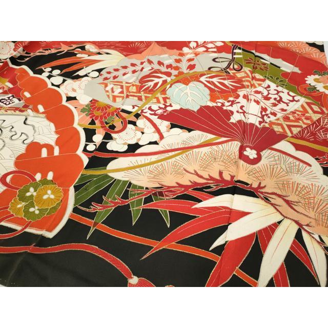 平和屋本店○アンティーク 大正ロマン 振袖 刺繍 檜扇鳳凰草花文 金彩