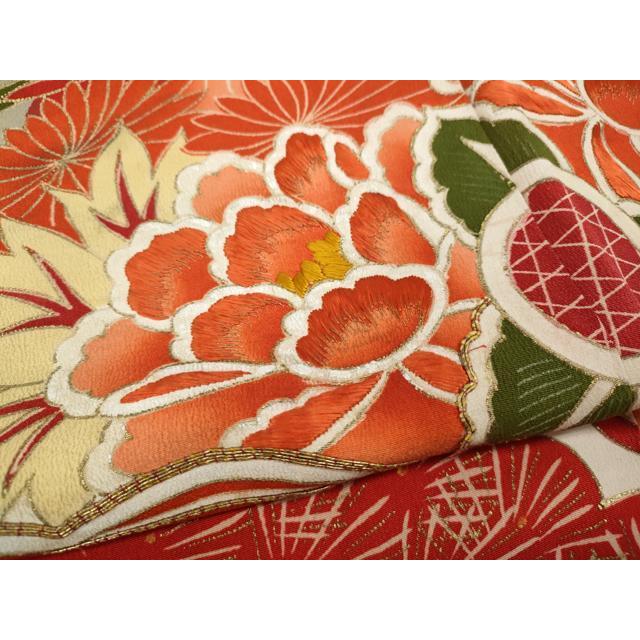 平和屋本店○アンティーク 大正ロマン 振袖 刺繍 檜扇鳳凰草花文 金彩