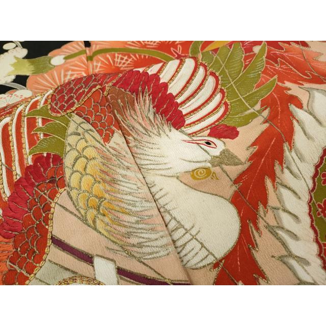平和屋本店○アンティーク 大正ロマン 振袖 刺繍 檜扇鳳凰草花文 金彩