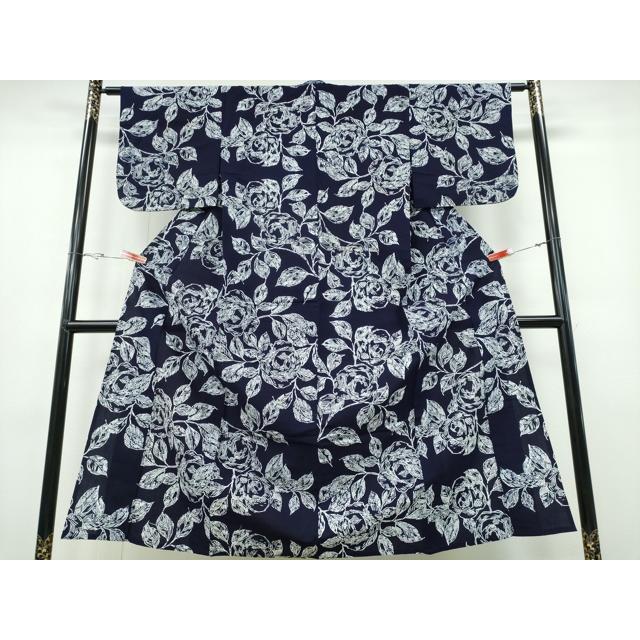 平和屋着物∴夏物 浴衣 藍 注染 手染め 手縫い 薔薇 日本製 綿 逸品