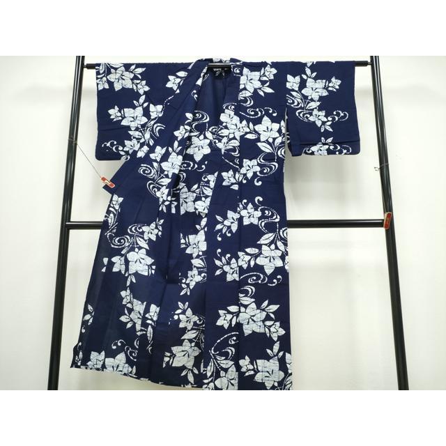 平和屋着物∴夏物 浴衣 藍 注染 手染め 手縫い 桔梗 流水文 日本製 綿