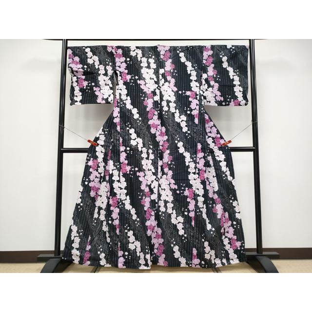 平和屋着物∴夏物　浴衣　綿紅梅　胡蝶蘭　黒地　銀糸　綿　逸品　CABF2740tx_1