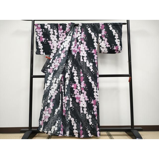 平和屋着物∴夏物　浴衣　綿紅梅　胡蝶蘭　黒地　銀糸　綿　逸品　CABF2740tx_2