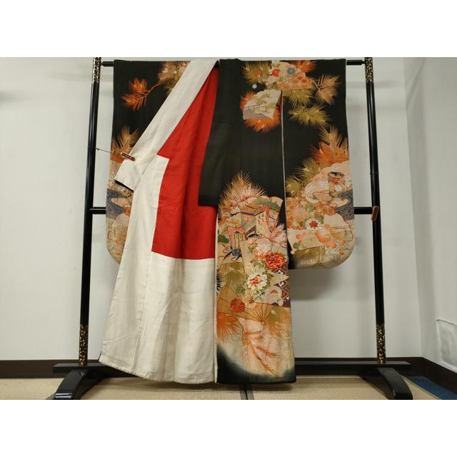 平和屋本店●アンティーク　大正ロマン　振袖　駒刺繍　檜扇御所車花文　暈し染め　黒地　金糸　正絹　逸品　CABG0157yc_3