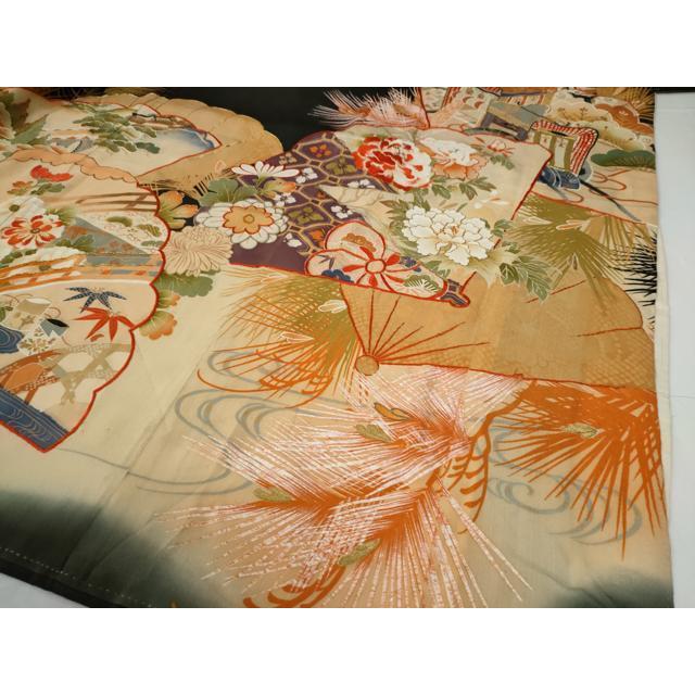 平和屋本店●アンティーク　大正ロマン　振袖　駒刺繍　檜扇御所車花文　暈し染め　黒地　金糸　正絹　逸品　CABG0157yc_5