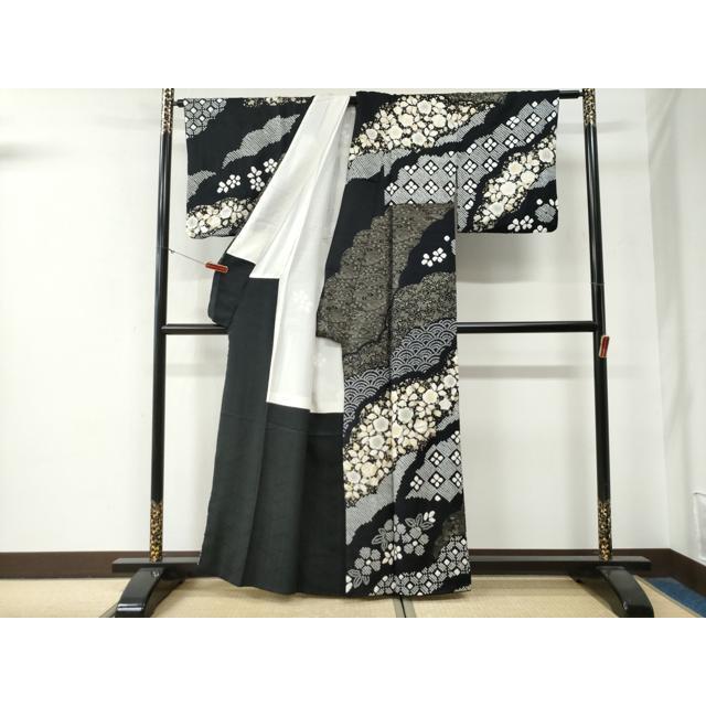 平和屋着物●訪問着　絞り　吉祥草花文　黒地　金彩　正絹　逸品　CABG0198yc_1