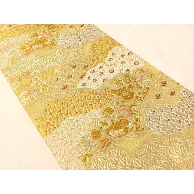 美品　誉田屋　袋帯＋新品帯締めセット　菱取菊花紋　くすみシルバー　六通柄　正絹 平和屋着物▽創業280年 誉田屋源兵衛 六通柄袋帯 スリーシーズン 春夏