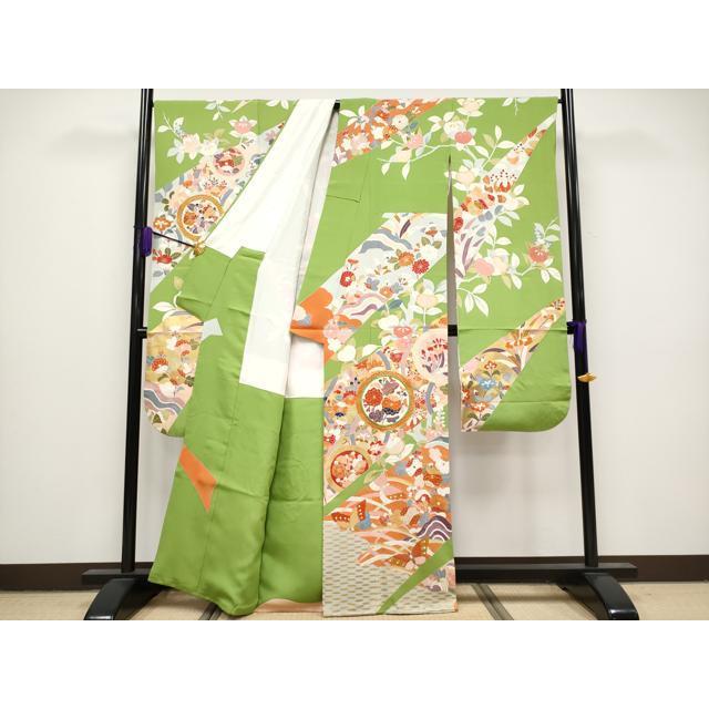 平和屋本店■極上　創業460年・千總　振袖　駒刺繍　舞蝶花丸文　金彩　青丹色　阪急百貨店扱い　紙タグ付き　逸品　CYAA1346s5 平和屋本店□極上 創業460年・千總 振袖 駒刺繍 舞蝶花丸文 金彩 青丹