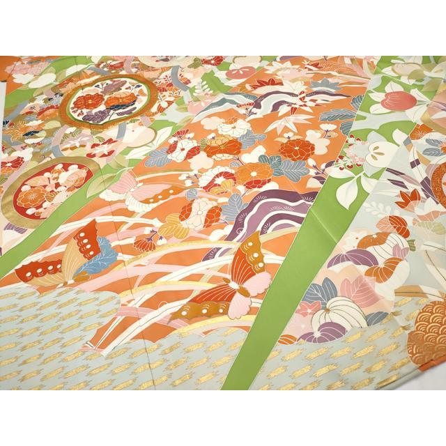 平和屋本店■極上　創業460年・千總　振袖　駒刺繍　舞蝶花丸文　金彩　青丹色　阪急百貨店扱い　紙タグ付き　逸品　CYAA1346s5 平和屋本店□極上 創業460年・千總 振袖 駒刺繍 舞蝶花丸文 金彩 青丹
