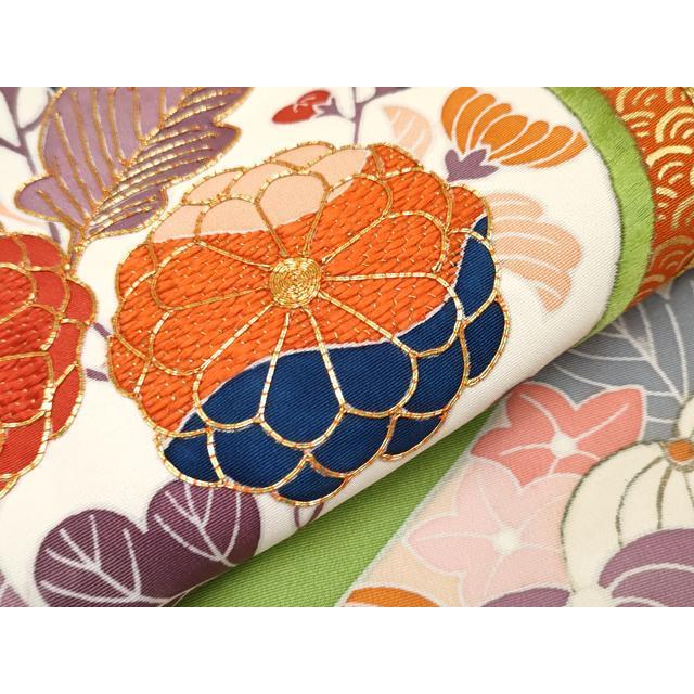 平和屋本店■極上　創業460年・千總　振袖　駒刺繍　舞蝶花丸文　金彩　青丹色　阪急百貨店扱い　紙タグ付き　逸品　CYAA1346s5 平和屋本店□極上 創業460年・千總 振袖 駒刺繍 舞蝶花丸文 金彩 青丹