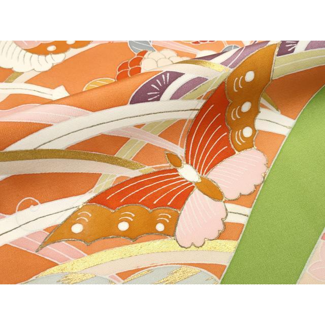 平和屋本店■極上　創業460年・千總　振袖　駒刺繍　舞蝶花丸文　金彩　青丹色　阪急百貨店扱い　紙タグ付き　逸品　CYAA1346s5 平和屋本店□極上 創業460年・千總 振袖 駒刺繍 舞蝶花丸文 金彩 青丹