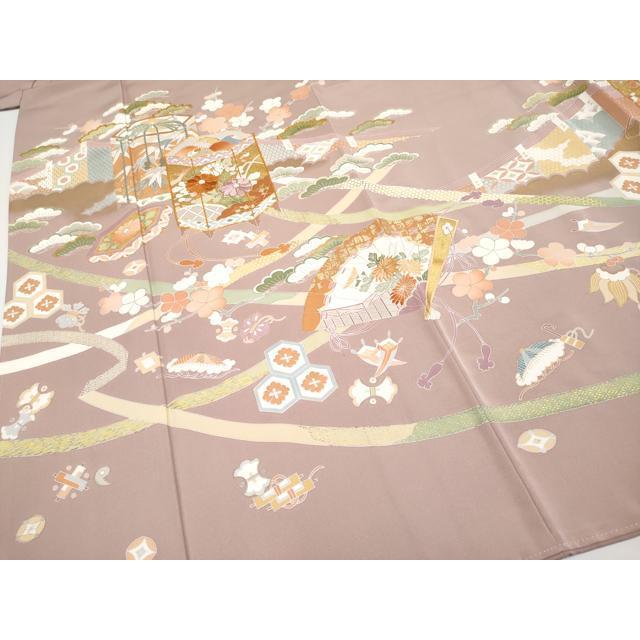 平和屋本店■極上　創業460年・千總　色留袖　駒刺繍　貝桶桧扇吉祥文　金彩　薄柿色地　小田急百貨店扱い　逸品　CYAA2627s5 平和屋本店□極上 創業460年・千總 色留袖 駒刺繍 貝桶桧扇吉祥文 金彩