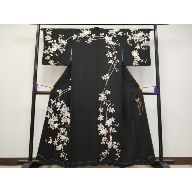 平和屋本店□極上 螺鈿工芸作家 佐野正喜 訪問着 小人 枝花文 黒地