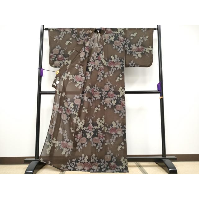 平和屋着物■極上　夏物　撫松庵　小紋・浴衣兼用　セオアルファ　枝花文　赤墨色地　洗える着物　逸品　CYAA3801s5