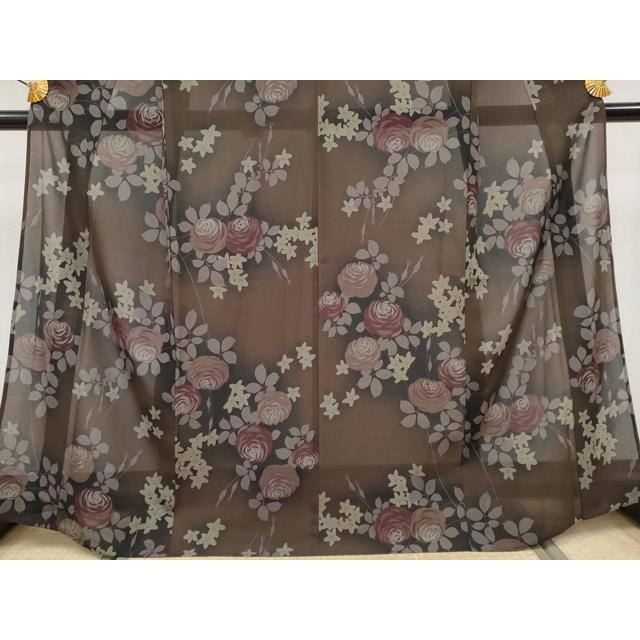 平和屋着物■極上　夏物　撫松庵　小紋・浴衣兼用　セオアルファ　枝花文　赤墨色地　洗える着物　逸品　CYAA3801s5
