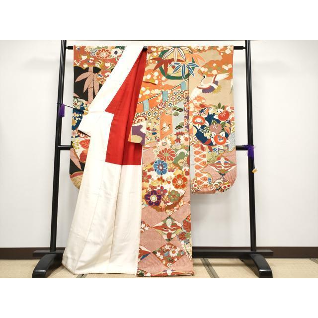 平和屋着物●極上　アンティーク　大正ロマン　振袖　雪輪双鶴花丸文　黒地　金彩　逸品　CYAA4234s6_1