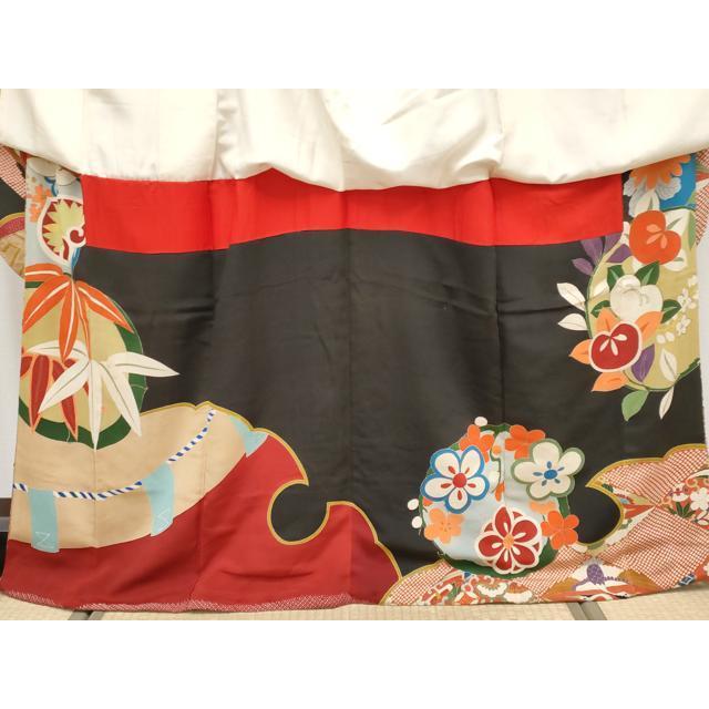 平和屋着物●極上　アンティーク　大正ロマン　振袖　雪輪双鶴花丸文　黒地　金彩　逸品　CYAA4234s6_2