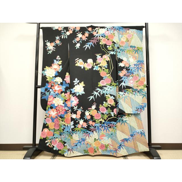 平和屋本店○極上 振袖 友禅 作家物 草花文 黒地 逸品 CYAA4481s6