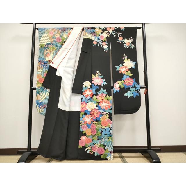 平和屋本店○極上 振袖 友禅 作家物 草花文 黒地 逸品 CYAA4481s6