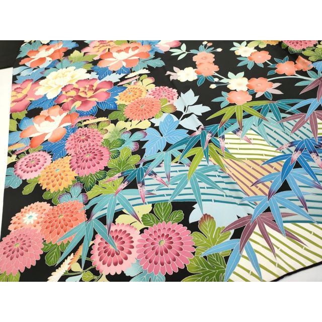 平和屋本店○極上 振袖 友禅 作家物 草花文 黒地 逸品 CYAA4481s6