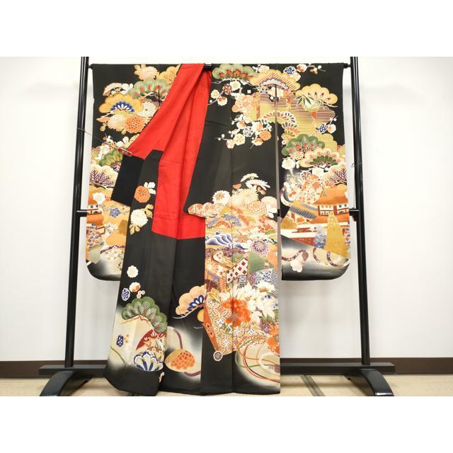 アンティーク着物　二尺袖大正ロマン　小振袖　駒刺繍　檜扇吉祥花文　正絹 平和屋本店○極上 アンティーク 大正ロマン 振袖 駒刺繍 御所車吉祥花
