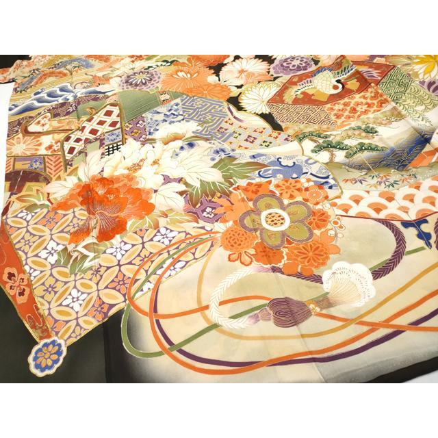 平和屋本店○極上 アンティーク 大正ロマン 振袖 駒刺繍 御所車吉祥花