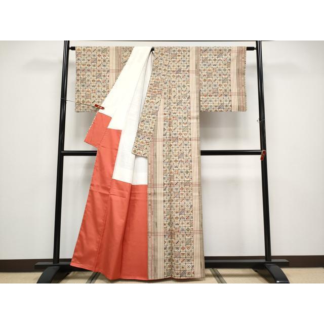平和屋着物●極上　創華手差し紅型　都巳二　紬　格子舞蝶文　証紙付き　逸品　CYAA4751s6_2