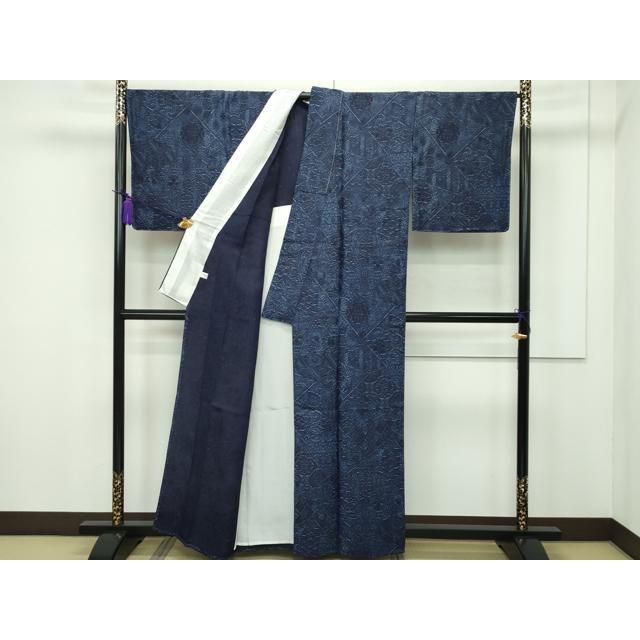 平和屋本店□極上 外山良治 浅井正文 阿波藍天然染 お召 単衣 三重織 