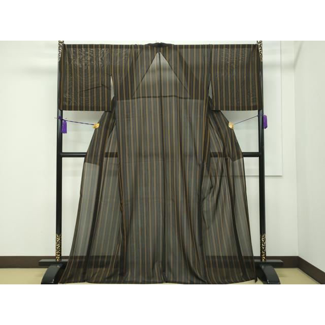 平和屋本店□希少 夏物 本場黄八丈 夏黄八 黒黄八 紗紬 縞 黒地 反端