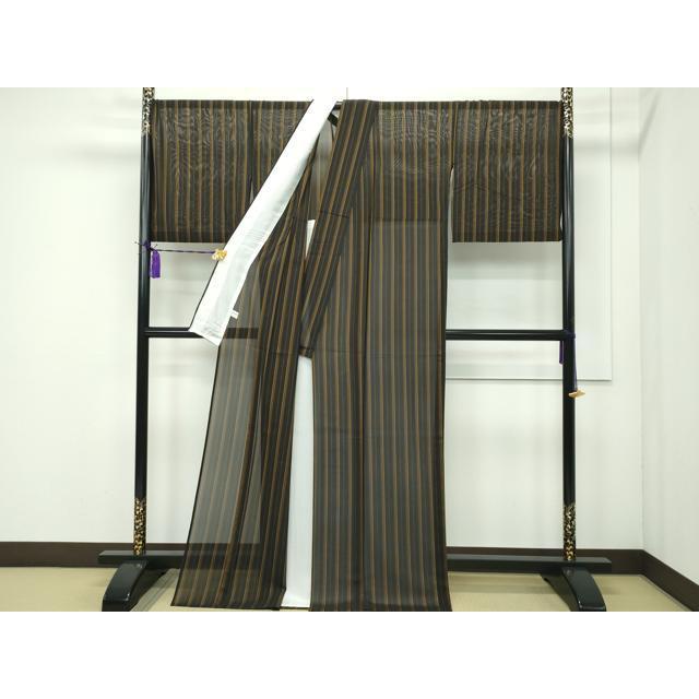 平和屋本店□希少 夏物 本場黄八丈 夏黄八 黒黄八 紗紬 縞 黒地 反端