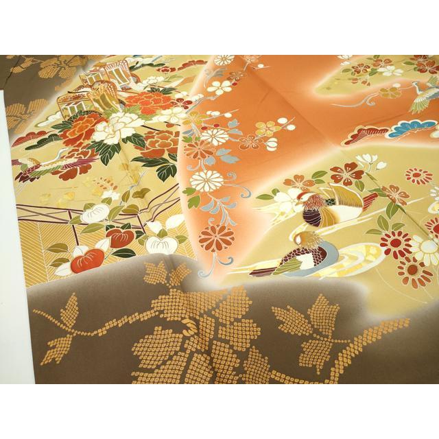 平和屋本店□極上 創業460年・千總 振袖 駒刺繍 御所車鴛鴦飛鶴花文 暈
