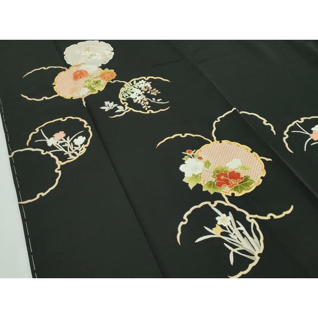 平和屋本店■極上　銀座　越後屋　訪問着　刺繍　雪輪草花文　黒地　金彩　伊と幸　反端・たとう紙付き　逸品　CZAA2213s5 平和屋本店□極上 銀座 越後屋 訪問着 刺繍 雪輪草花文 黒地 金彩 伊と