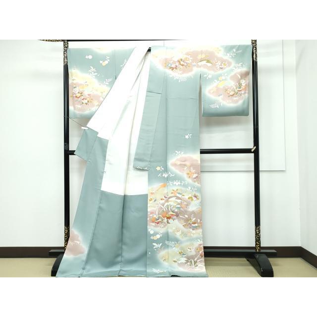 平和屋本店■極上　創業460年・千總　訪問着　駒刺繍　雲取り草花文　暈し染め　金彩　深川鼠色地　逸品　CZAA2837s5