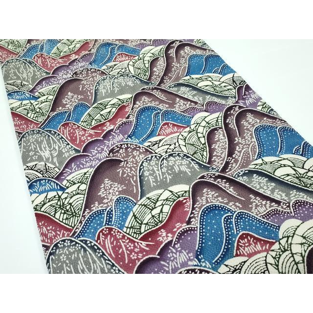 本場琉球紅型　城間栄順　縮緬名古屋帯　変わり牡丹格子に唐草紋様紅型 平和屋本店□最高級 城間栄順 本場琉球紅型 九寸開き名古屋帯 遠山文